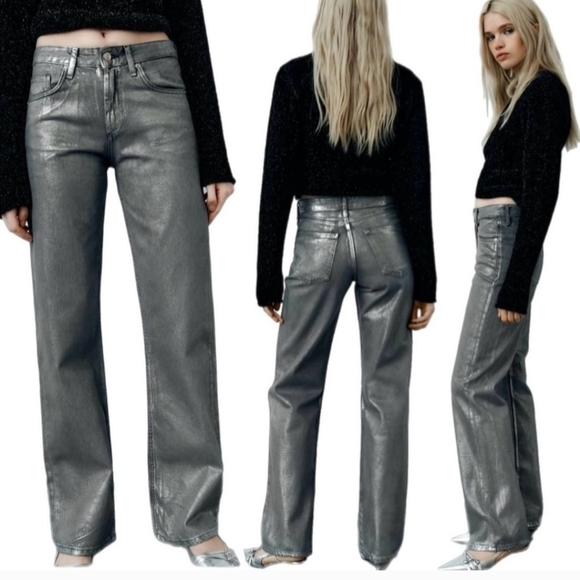 Zara Silver Metallic Mid-Rise Full Length Wide Leg Pants Size 0 - Picture 1 of 16